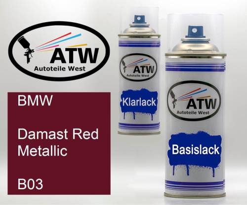 BMW, Damast Red Metallic, B03: 400ml Sprühdose + 400ml Klarlack - Set, von ATW Autoteile West.